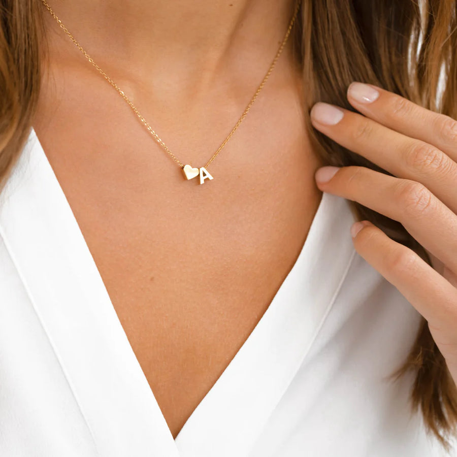 Claire Personalized Initial and Heart Charm Necklace Waterproof