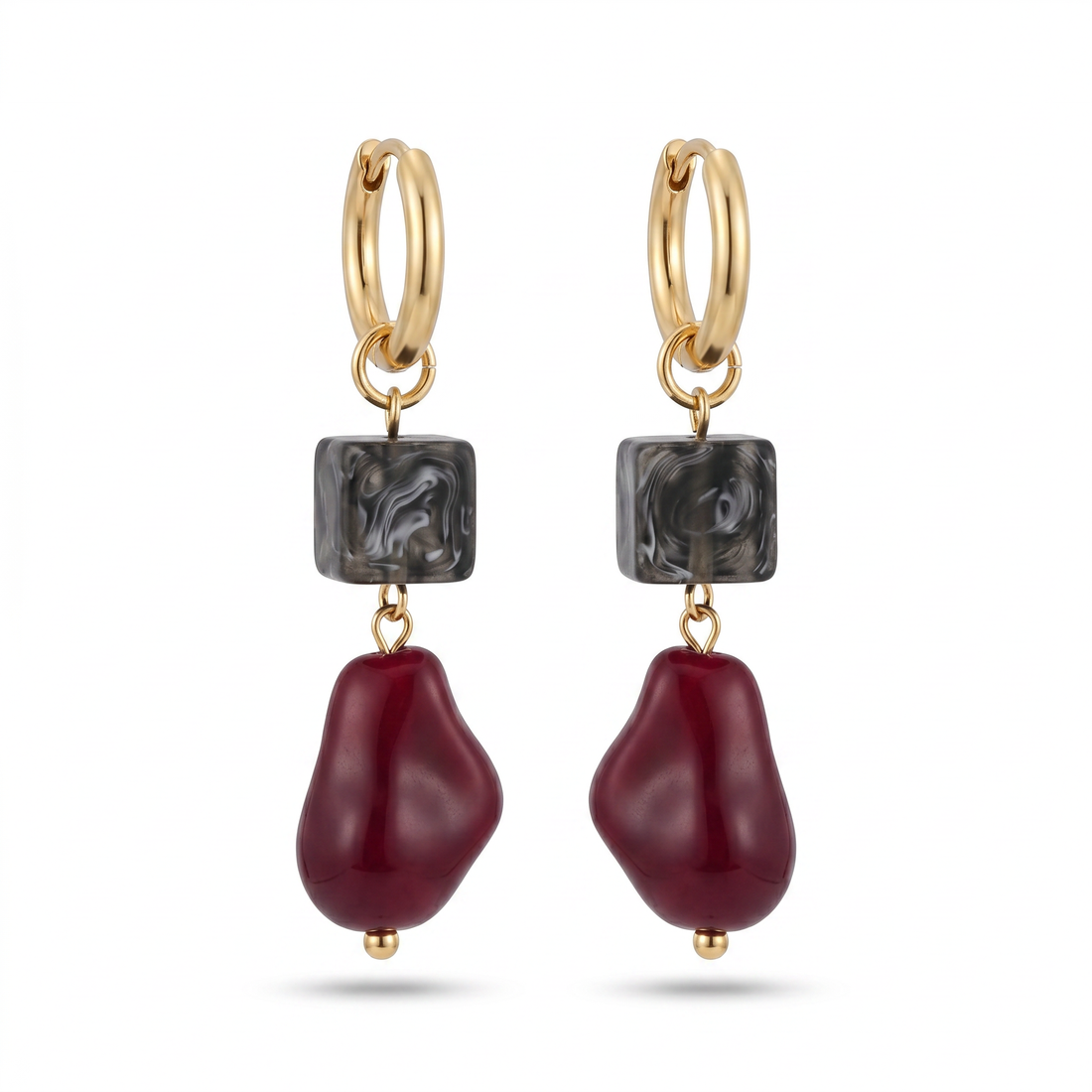 Gold hoop earrings with gray marble cube and burgundy baroque drop bead, front view on white background